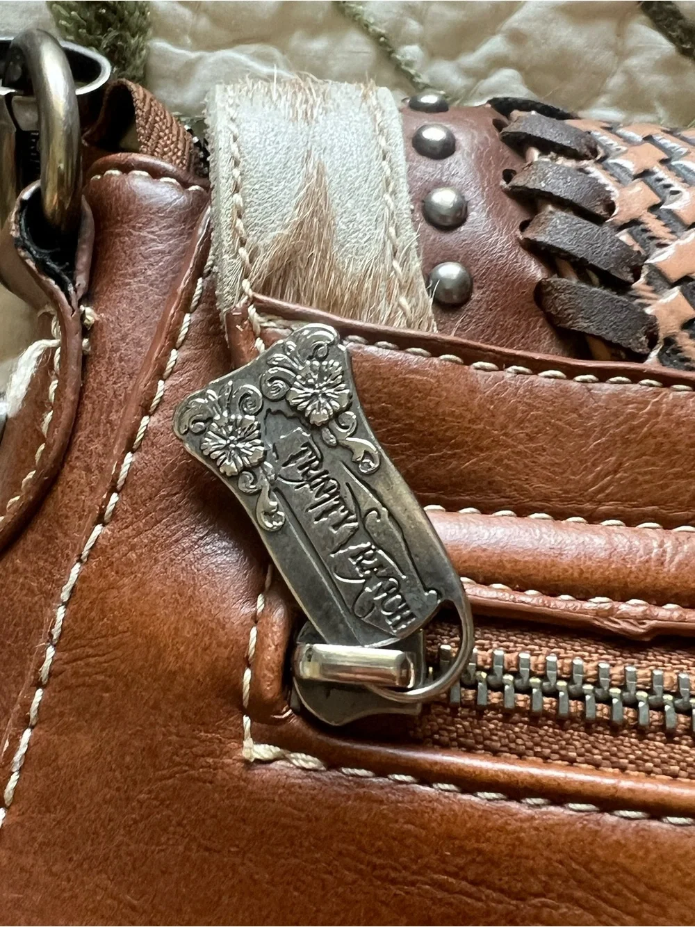 Trinity Ranch Brown Cowhide Lining Leather Studded Crossbody Bag Western - Picture 5 of 15